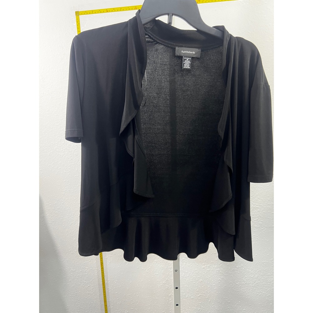 R&M Richards Womens Black Ruffle Open Front Shrug Cardigan Short Sleeve Size 16